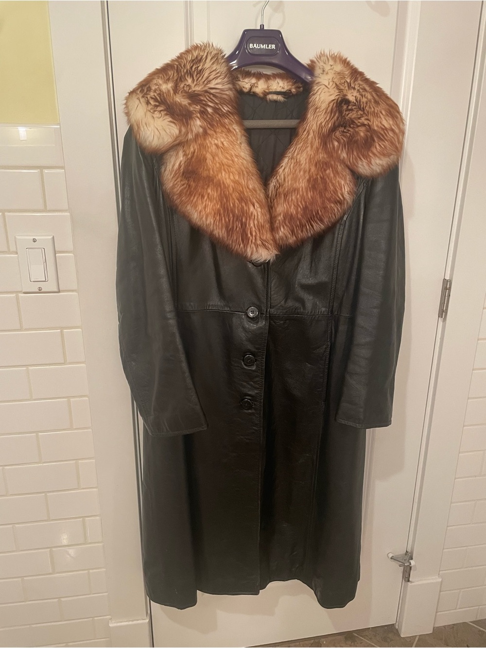 Vintage black leather coat with faux fur trim, XL